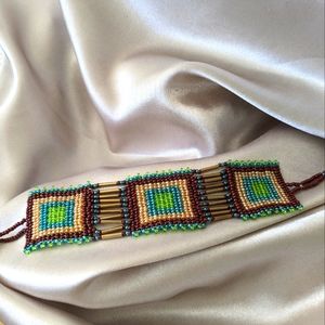 Diamond beaded square necklace and bracelet